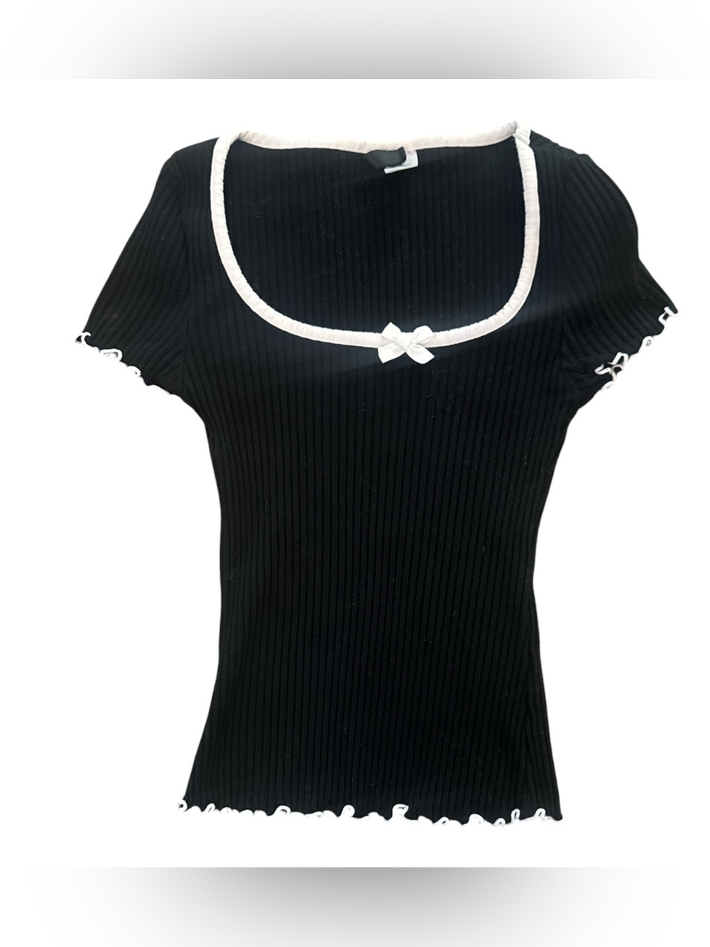 Black Ribbed Short-Sleeve Top with White Trim Womens Size XS Feminine Fitted Tee